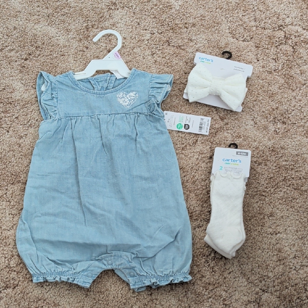 Carter's Light Blue Romper with White Bow and Socks